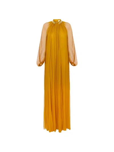 Elisabetta Franchi 레드 카펫 주얼 칼라 크레폰 드레스 In Yellow
