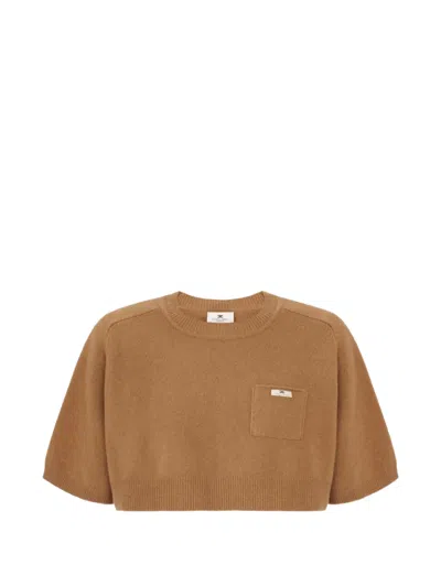 Elisabetta Franchi Wool Cashmere Cropped Top Short Sleeves In Neutral