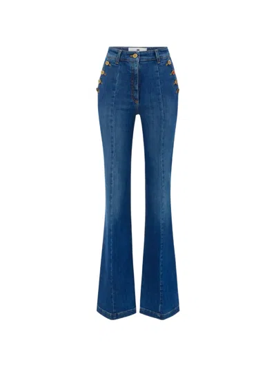 Elisabetta Franchi High Rise Flared Denim Trousers Button Detail In Blue