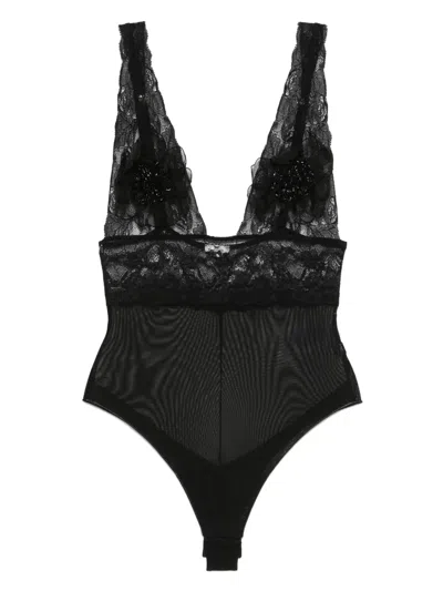 Elisabetta Franchi 3d-flowers Tulle Bodysuit In Black