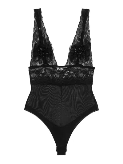 Elisabetta Franchi 3d-flowers Tulle Bodysuit In Black