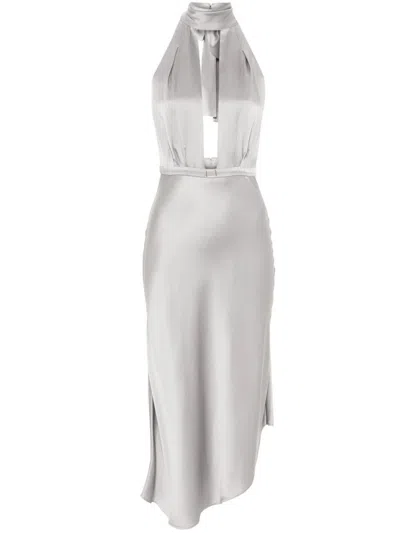 Elisabetta Franchi Asymmetric Satin Midi Dress In Gray