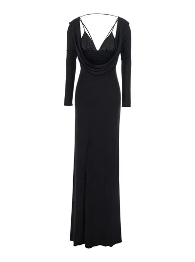 ELISABETTA FRANCHI BLACK LONG DRESS WITH V-NECK AND DRAPE DETAILS IN FABRIC WOMAN