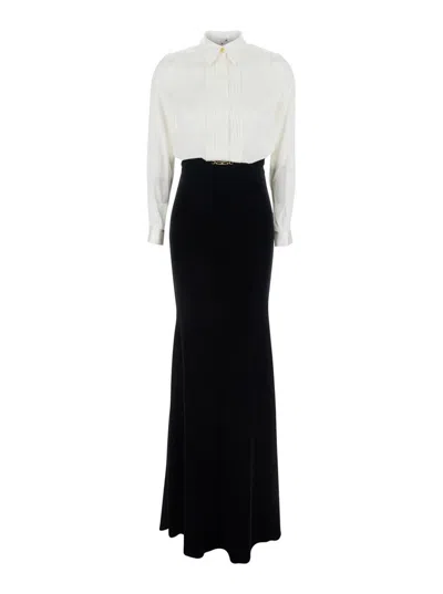 ELISABETTA FRANCHI WHITE AND BLACK LONG DRESS WITH METALLIC DETAIL AND SKIRT DESIGN IN FABRIC WOMAN