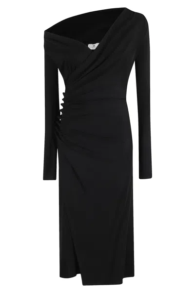 Elisabetta Franchi Draped Midi Dress With Jeweled Side Buttons In Black