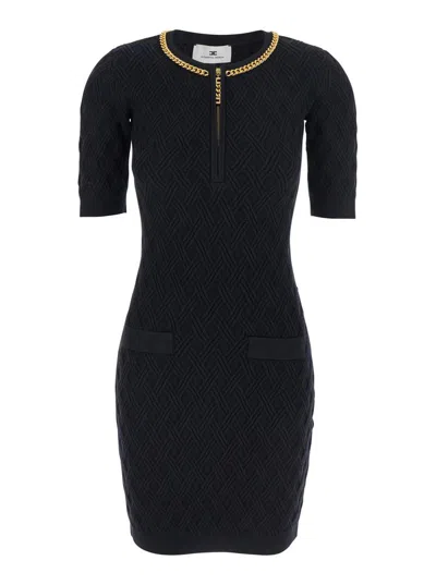 ELISABETTA FRANCHI BLACK CREWNECK DRESS WITH CHAIN DETAIL ON THE COLLAR IN WOOL WOMAN