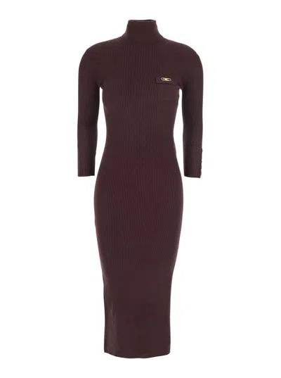 ELISABETTA FRANCHI BORDEAUX TURTLE-NECK DRESS WITH LOGO PLAQUE ON THE FRONT IN FABRIC WOMAN
