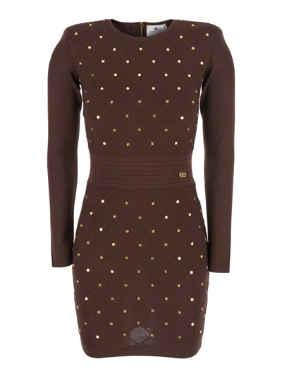 ELISABETTA FRANCHI BROWN CREWNECK DIAMOND QUILTED DRESS WITH ALL-OVER EMBELLISHMENTS IN WOOL WOMAN