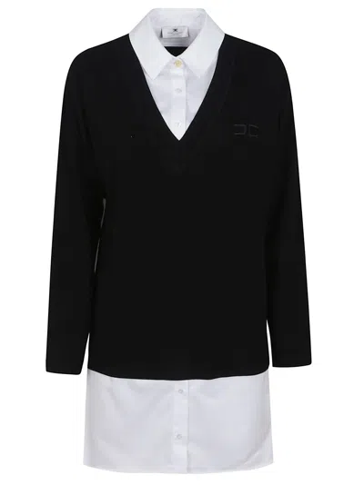 Elisabetta Franchi V-neck Cotton Poplin Shirt Dress With Cropped Back In Black