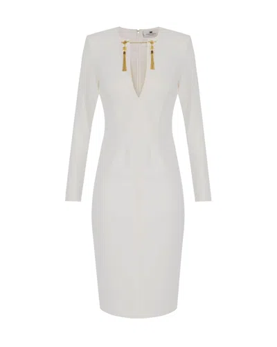 ELISABETTA FRANCHI LIGHT CREPE DRESS WITH IVORY JEWEL CHAIN