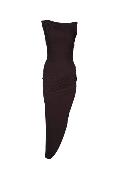 Elisabetta Franchi Long Dress Asymmetric Hem Ruched Sleeveless In Brown