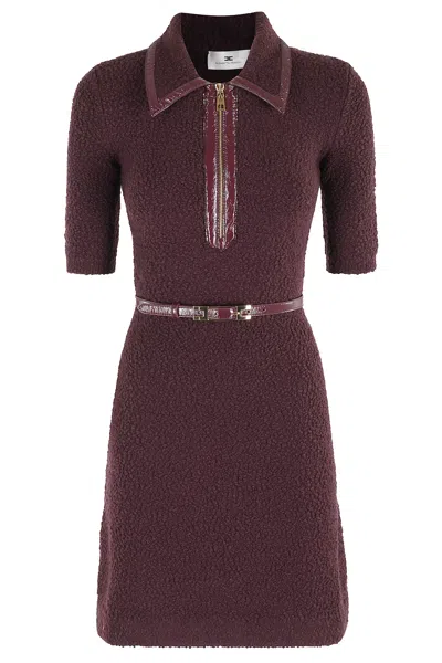 Elisabetta Franchi Textured Knit Dress With Classic Collar And Removable Belt In Burgundy