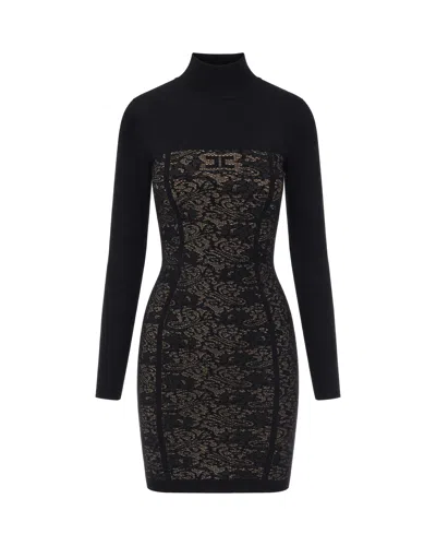 Elisabetta Franchi Black Jacquard Turtle Neck Mini Dress In Animal Print