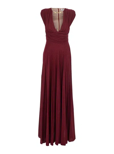 ELISABETTA FRANCHI BORDEAUX LONG DRESS WITH FRONT NECKLINE AND PLEATED DETAILS IN FABRIC WOMAN