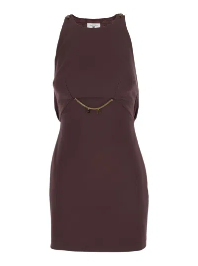 ELISABETTA FRANCHI BORDEAUX SLEEVELESS DRESS WITH CHAIN DECORATION ON THE FRONT IN FABRIC WOMAN