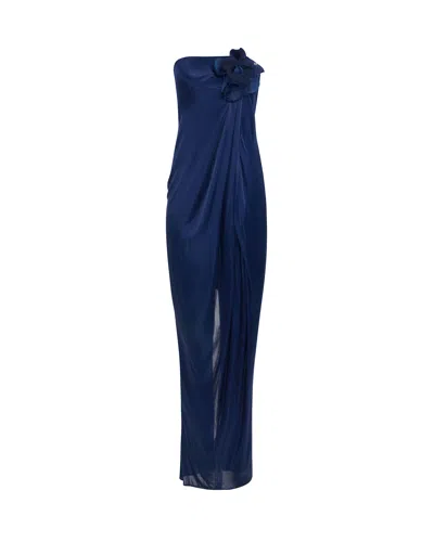 Elisabetta Franchi Abito Red Carpet In Jersey Lucido Con Fiore Ricamato