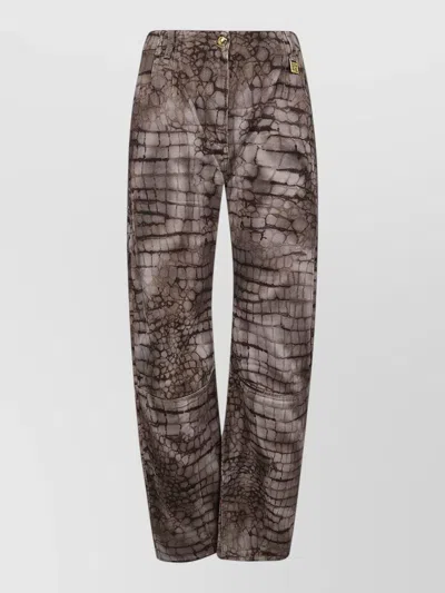 Elisabetta Franchi Alligator Print Oversized Drill Trousers Jeans In Brown