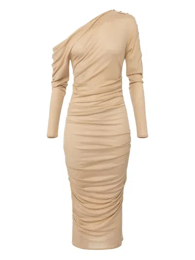 Elisabetta Franchi Asymmetric Draped Midi Dress In Brown