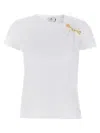 Elisabetta Franchi Asymmetric Neckline T-shirt With Gold Brooch Accents In White