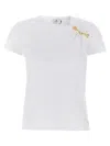 Elisabetta Franchi Asymmetric Neckline T-shirt With Gold Brooch Accents In White