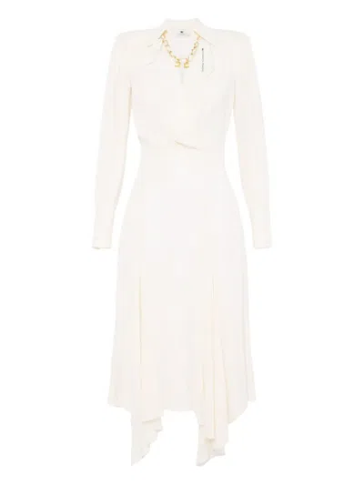 Elisabetta Franchi Abito In Georgette Con Foulard Gioiello Bianco In Beige