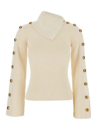 Elisabetta Franchi Asymmetrical High-collar Viscose Sweater With Jewel Button Sleeves In White
