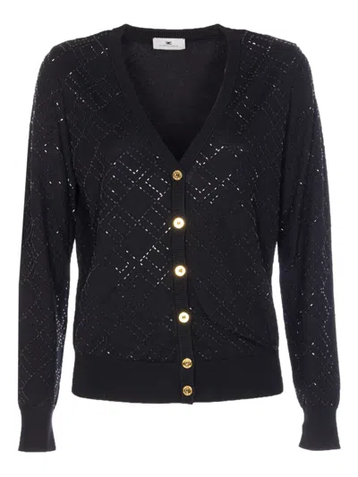 Elisabetta Franchi Bead-embellished Diamond-pattern Cardigan In Black