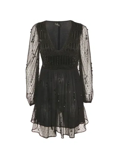 Pre-owned Elisabetta Franchi Bead-embellished Tulle Mini Dress In Black