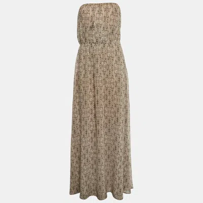 Pre-owned Elisabetta Franchi Beige Abstract Print Chiffon Strapless Maxi Dress M In Sand