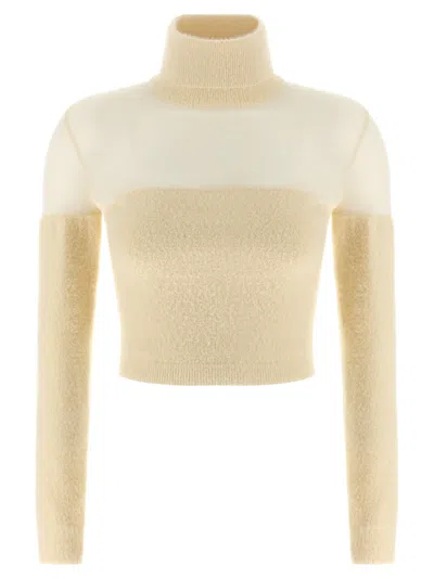 ELISABETTA FRANCHI BEIGE BRUSHED INSERT TURTLENECK SWEATER