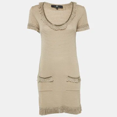 Pre-owned Elisabetta Franchi Beige Cotton Blend Knit Fringed Mini Dress M