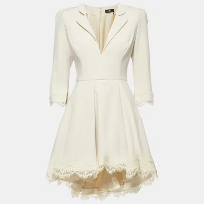 Pre-owned Elisabetta Franchi Beige Crepe Lace Trim Flared Mini Dress M In Sand