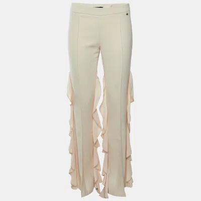 Pre-owned Elisabetta Franchi Beige Crepe Ruffle Detail Flared Pants M