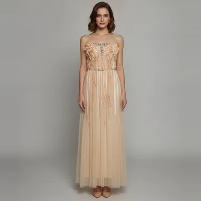 Pre-owned Elisabetta Franchi Beige Embellished Tulle Fringe Strapless Gown S