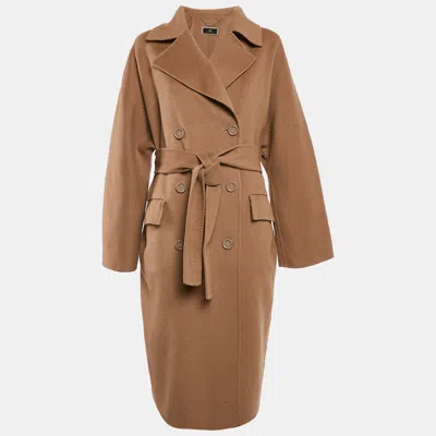Pre-owned Elisabetta Franchi Beige Felt Wool Double Breasted Coat M In Sand