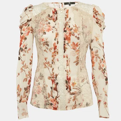 Pre-owned Elisabetta Franchi Beige Floral Print Lace Trim Crepe Blouse S