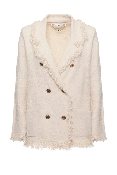 Elisabetta Franchi Beige Fringed Lurex Cotton Blazer In Neutral