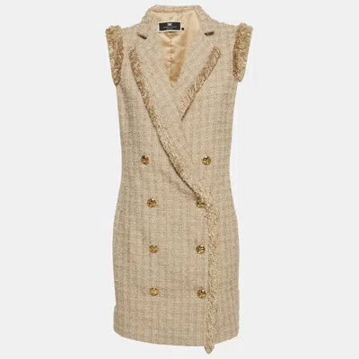 Pre-owned Elisabetta Franchi Beige Fringed Tweed Double Breasted Mini Dress M In Sand