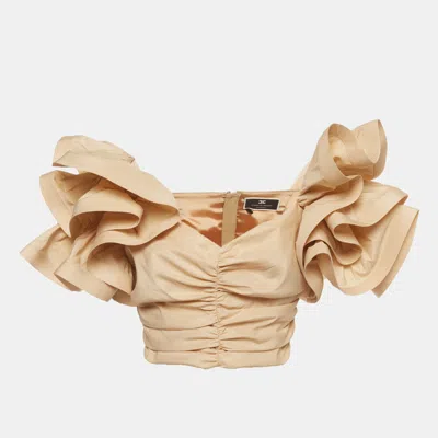 Pre-owned Elisabetta Franchi Beige Gabardine Ruffle Crop Top M
