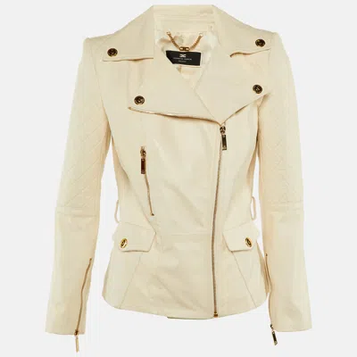 Pre-owned Elisabetta Franchi Beige Leather Biker Jacket M In Sand