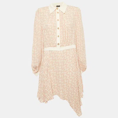 Pre-owned Elisabetta Franchi Beige Monogram Print Crepe Abito Donna Mini Dress L In Sand