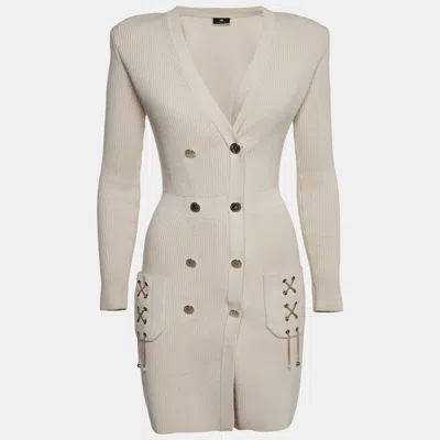 Pre-owned Elisabetta Franchi Beige Rib Knit Chain Detail Double Breasted Mini Dress S In Sand