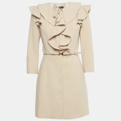 Pre-owned Elisabetta Franchi Beige Ruffled Mini Coat Dress M In Sand
