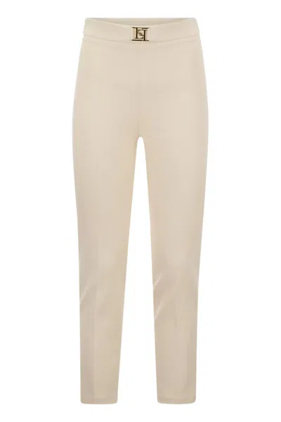 ELISABETTA FRANCHI BEIGE STRAIGHT STRETCH CREPE TROUSERS WITH GOLD EMBELLISHED BAND