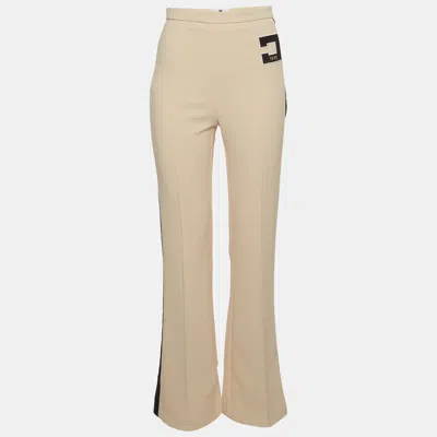 Pre-owned Elisabetta Franchi Beige Stretch Crepe Logo Detail Trousers S In Sand
