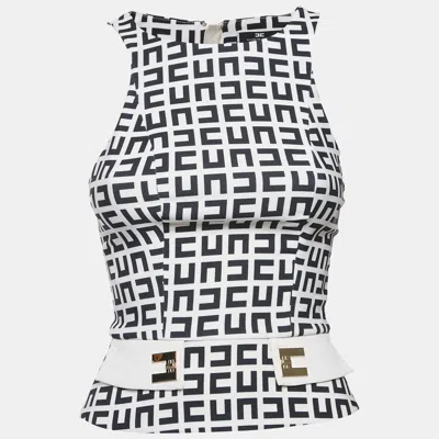 Pre-owned Elisabetta Franchi Beige/black Monogram Print Jersey Sleeveless Top S In Sand