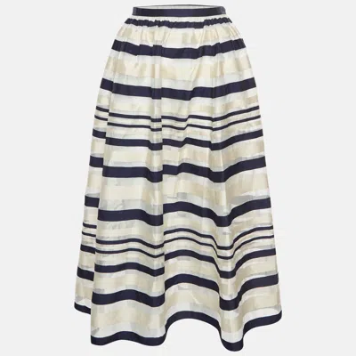 Pre-owned Elisabetta Franchi Beige/navy Blue Striped Organza Midi Skirt M In Sand