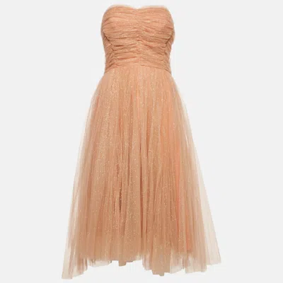 Pre-owned Elisabetta Franchi Beige/pink Tulle Strapless Midi Dress S