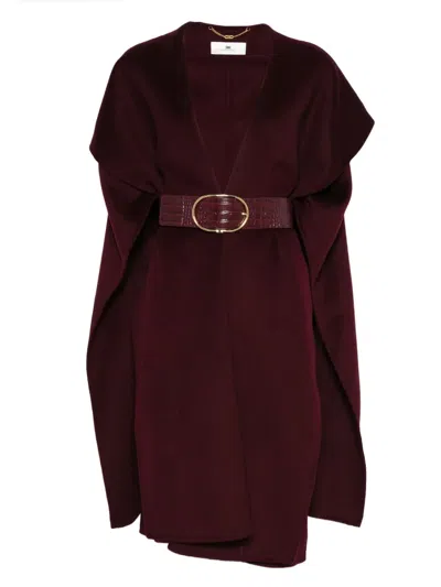 Elisabetta Franchi Belted Cape Coat In Burgundy