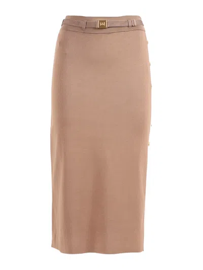 Elisabetta Franchi Belted Contrast Detail Knit Midi Skirt In Brown